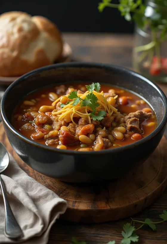 Pozole con chile pasilla postrežen z limeto, koriandrom in mlado čebulo