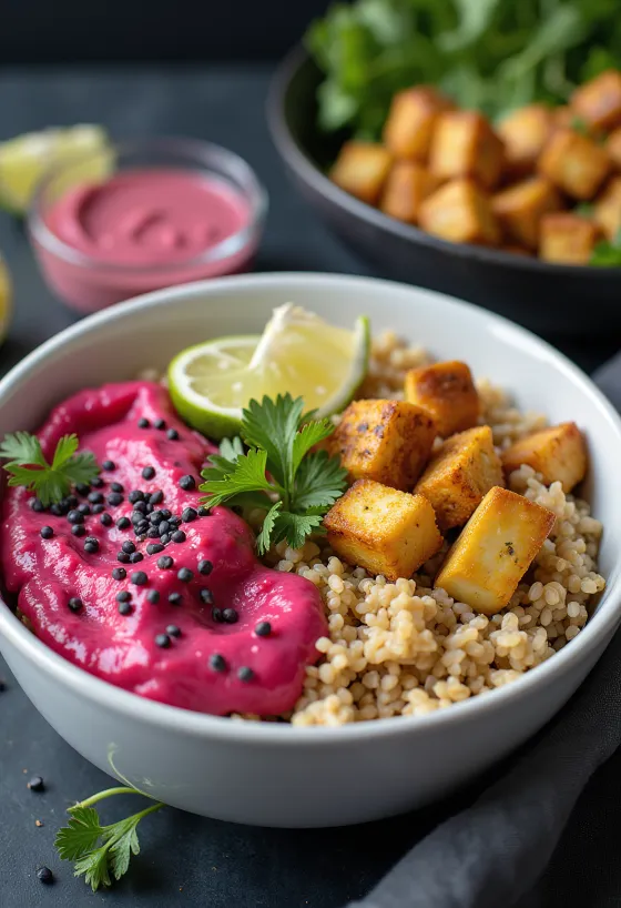 Limetina kvinoja Buddha skleda s curry tofujem in pesinim tahinijem, postreženo
