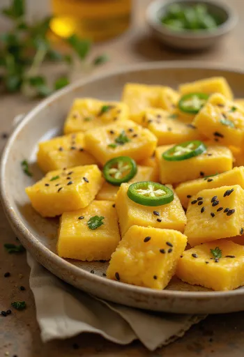 Besan Chana Dhokla, okrašena s svežim koriandrom