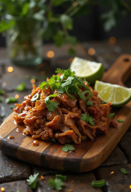 Kalua svinjina z BBQ omako, postrežena s svežim koriandrom in mlado čebulo