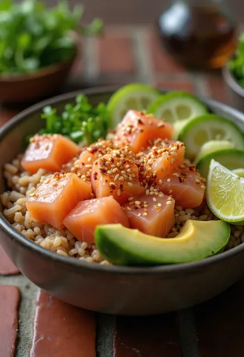 Poké bowl z rjavim rižem, postrežen s tuno, avokadom in svežim koriandrom