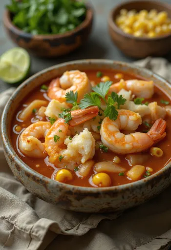 Pozole con mariscos postrežen z limeto, koriandrom in mlado čebulo