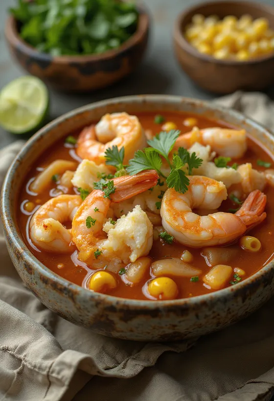Pozole con mariscos postrežen z limeto, koriandrom in mlado čebulo