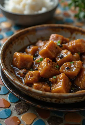 Adobo s svinjino, postrežen ob rižu in svežem koriandru