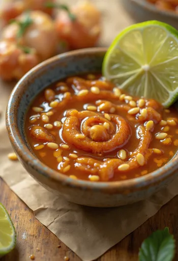 Medena chili omaka s sezamom in limeto postrežena