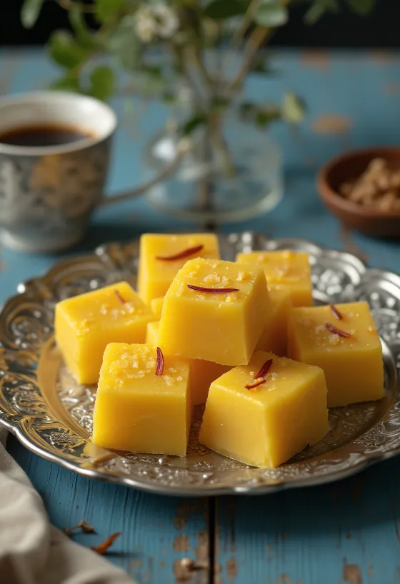 Žafranov Barfi, postrežen z mandlji in okusom žafrana