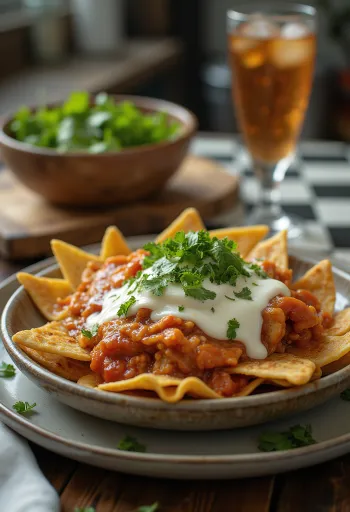 Chilaquiles s Crema Mexicana, hrustljavi kosi tortilje s paradižnikovo omako in svežim koriandrom