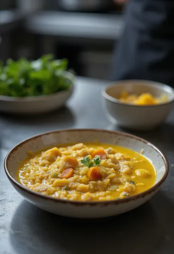 Khichdi z ovsenimi kosmiči, bogat s hranili, okrašen s svežim koriandrom