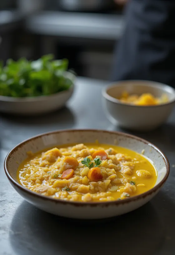 Khichdi z ovsenimi kosmiči, bogat s hranili, okrašen s svežim koriandrom