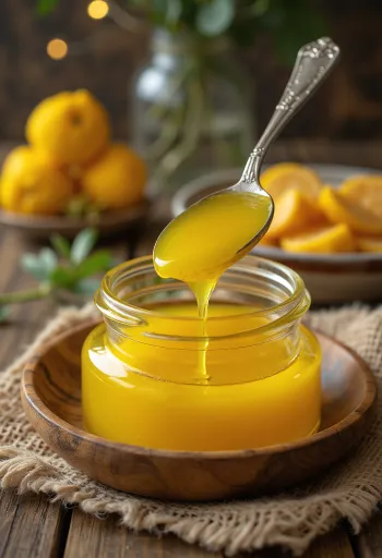 Ghee s kurkumo v kozarcu, okrašen s svežo kurkumo