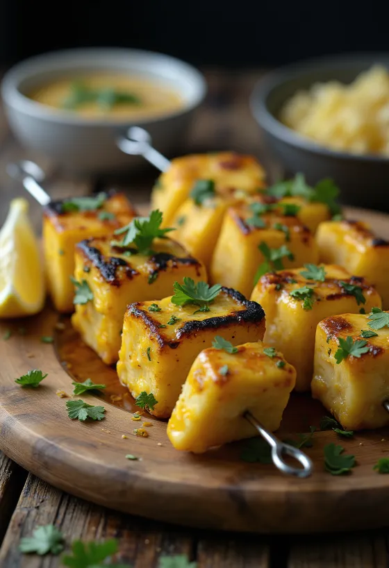 Achari paneer tikka, kosi paneerja na žaru, marinirani v jogurtu, postreženi s svežim koriandrom in limono