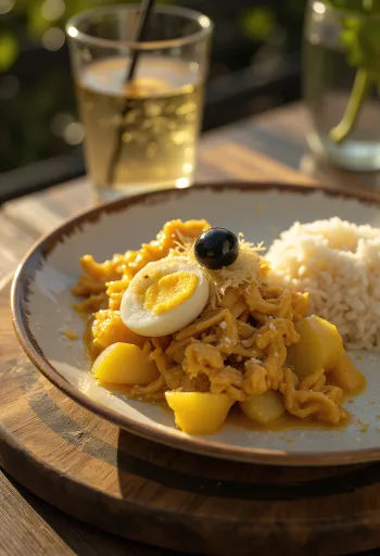 Ají de Gallina s čebulo, postrežen s svežim jajcem in mandljevimi lističi