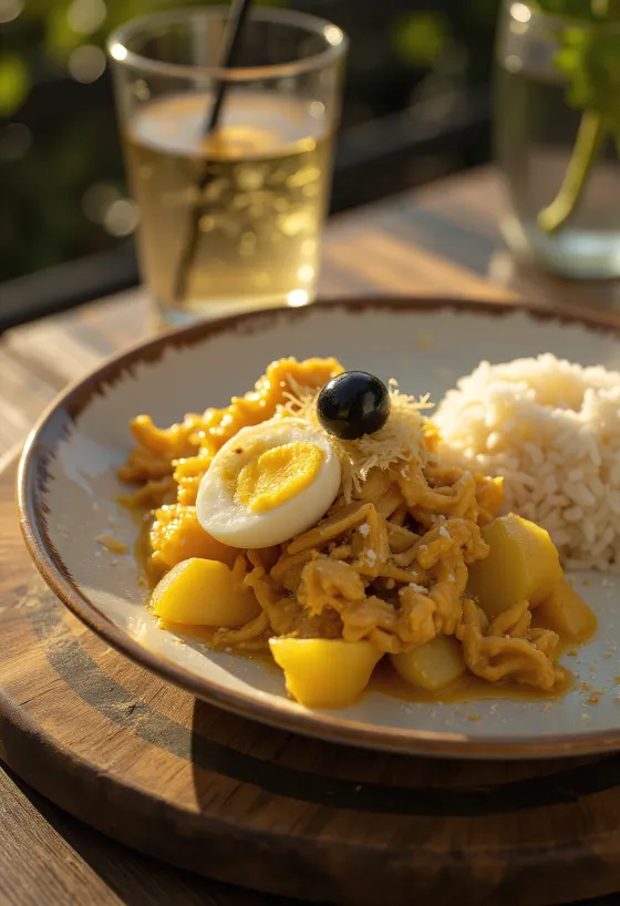 Ají de Gallina s čebulo, postrežen s svežim jajcem in mandljevimi lističi