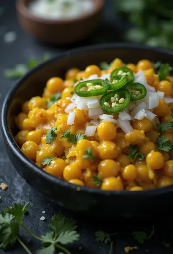 Ghugni chaat s tamarindovo omako, zelenim čilijem in svežim koriandrom