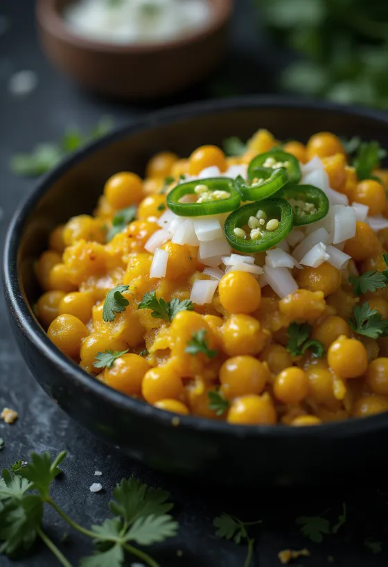 Ghugni chaat s tamarindovo omako, zelenim čilijem in svežim koriandrom