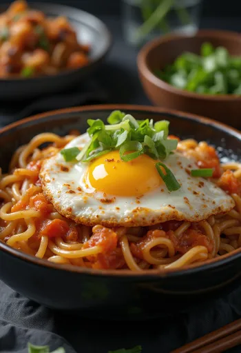Kimchi rezanci v bogati sojini omaki, okrašeni z jajcem in mlado čebulo na krožniku