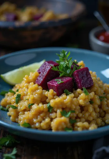 Limetin kvinoja curry s tahinijem in pesinim tofujem, postreženo