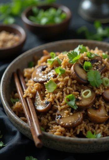Nasi Goreng z gobami, postrežen z bogatimi začimbami in svežimi gobami