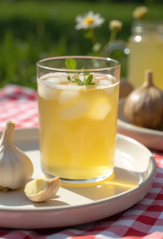 Kombuča z zelenim čajem in česnom v prozornem kozarcu, bledo rumenkast fermentiran čaj