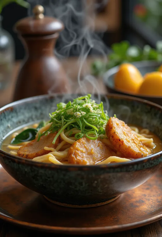 Ramen testenine s pečeno klobaso, postrežene z jajcem in zelenjavo