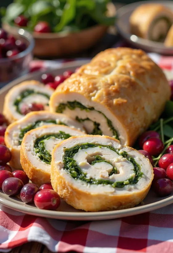 Puranja rolada z brusnicami, postrežena z zelenjavo.