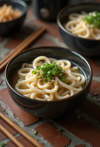 Kišimen udon, postrežen v skledi s ploskimi udon rezanci v bogati daši osnovi, okrašen z mlado čebulo in sezamovimi semeni