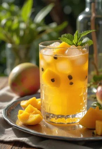 Cider z mangom in pasijonko sveže postrežen v kozarcu