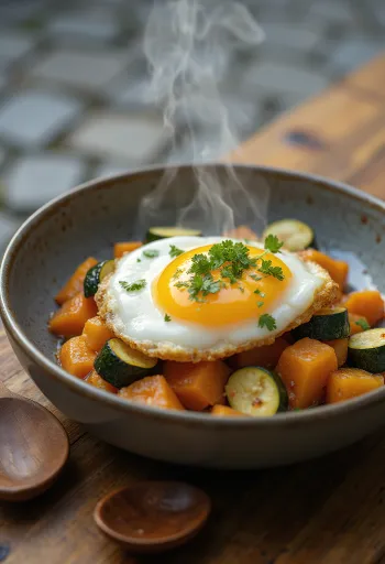 Onsen Tamago s pečeno zelenjavo, postrežen z mehkim jajcem in svežim koriandrom