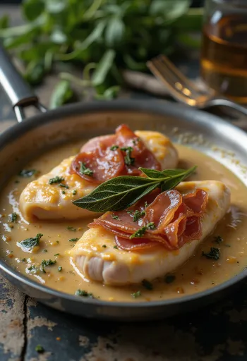 Saltimbocca s puranjimi prsmi, s slanino in svežimi listi žajblja