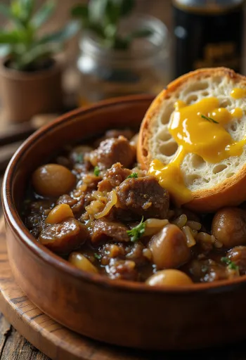 Carbonnade Flamande postrežen s krompirjevim pirejem