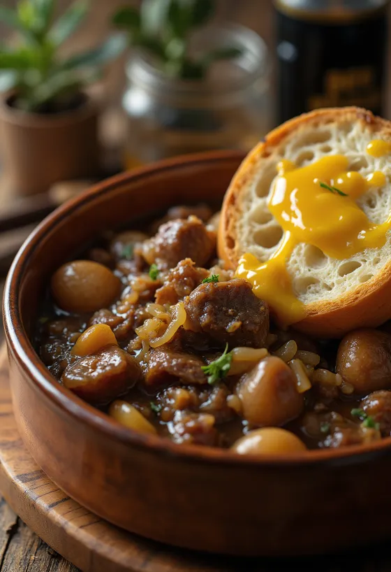 Carbonnade Flamande postrežen s krompirjevim pirejem