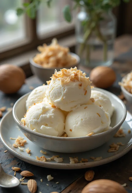 Coconut Almond Ice Cream postrežen