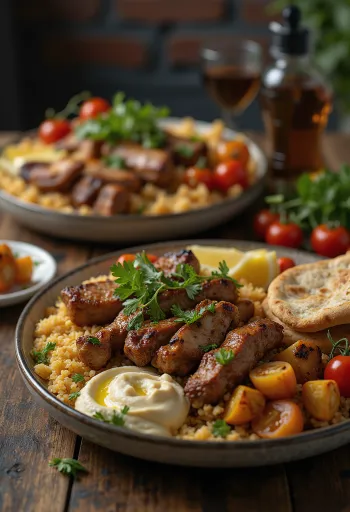 Kebab fuzija z griliranimi mesninami, humusom in jogurtovo omako
