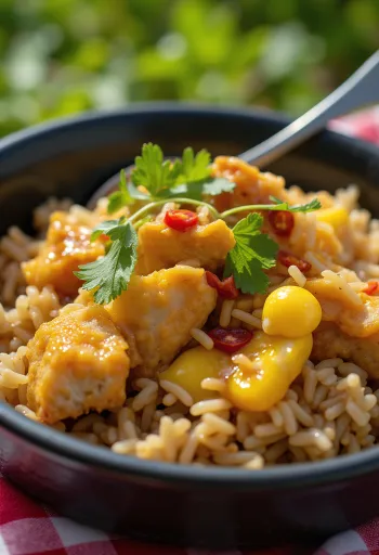 Nasi Goreng s Kecap Manis, postrežen z bogatimi začimbami in kecap manisom