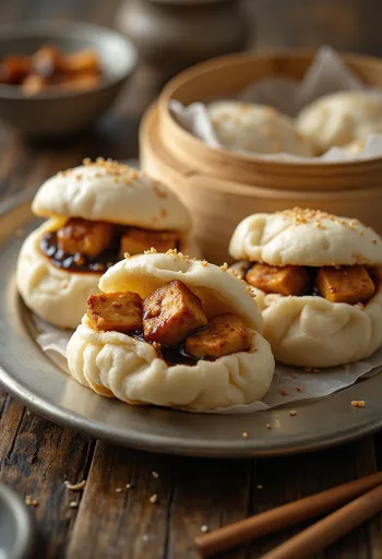 Postrežen hrustljav bao bun s tofujem in sezamom