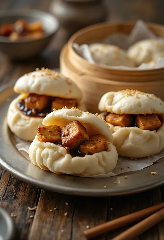 Postrežen hrustljav bao bun s tofujem in sezamom