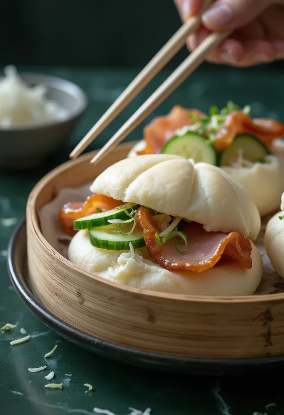 Mehak bao, polnjen s pečeno šunko in kumarami, postrežen
