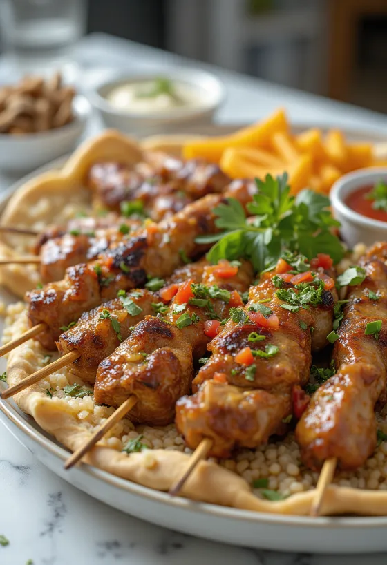 Kebab degustacijski meni z griliranimi mesnimi nabodali, humusom in jogurtovo omako