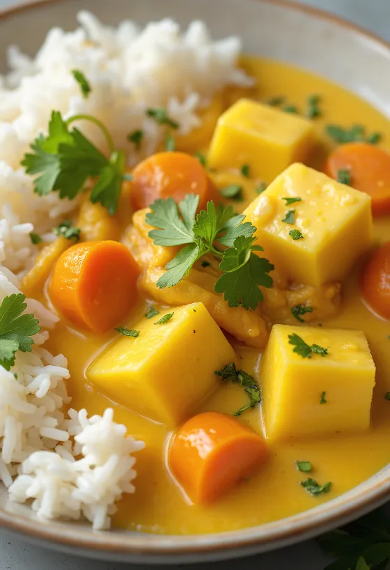 Jajčevec curry začinjen, postrežen s kokosovim mlekom