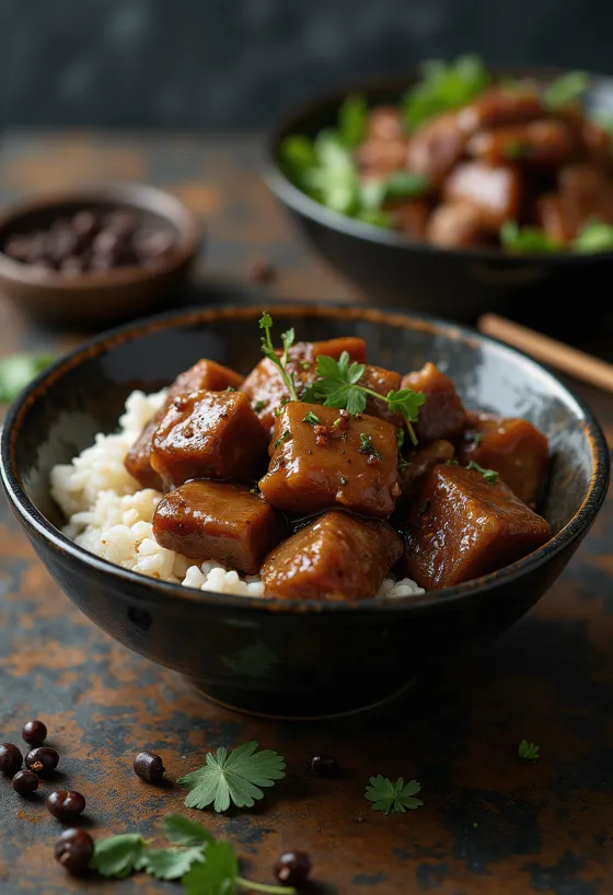 Pork adobo postrežen s kuhanim rižem