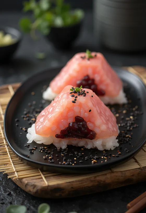 Sekihan onigiri z riževimi kroglicami, nori algami in sezamovim oljem