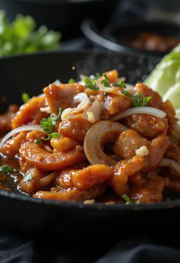 Daeji Bulgogi, pekoča svinjina, postrežena z zelenjavo