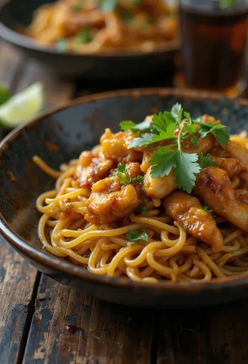 Mee Goreng s piščancem, postrežen s svežo zelenjavo in jajcem