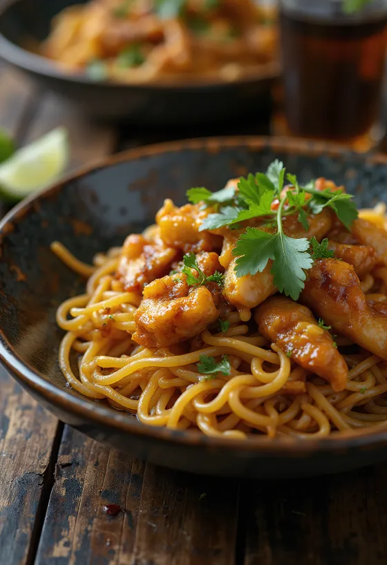 Mee Goreng s piščancem, postrežen s svežo zelenjavo in jajcem