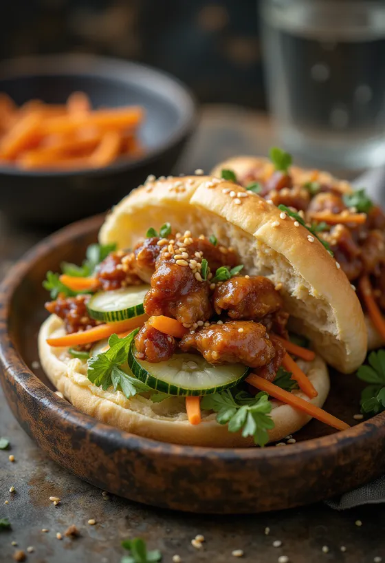 Gyros v azijskem slogu s teriyaki piščancem, vloženo zelenjavo in postrežen v bao žemljici