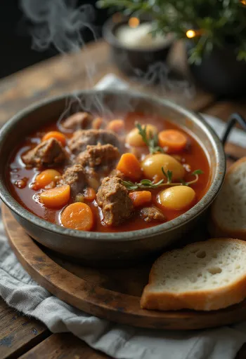 Golaž iz kotlička, dimljen, bogato postrežen s svežim kruhom