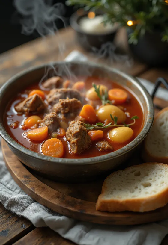Golaž iz kotlička, dimljen, bogato postrežen s svežim kruhom