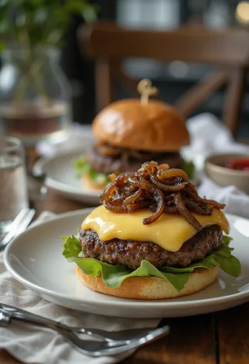 Francoski burger s sirom camembert in karamelizirano čebulo