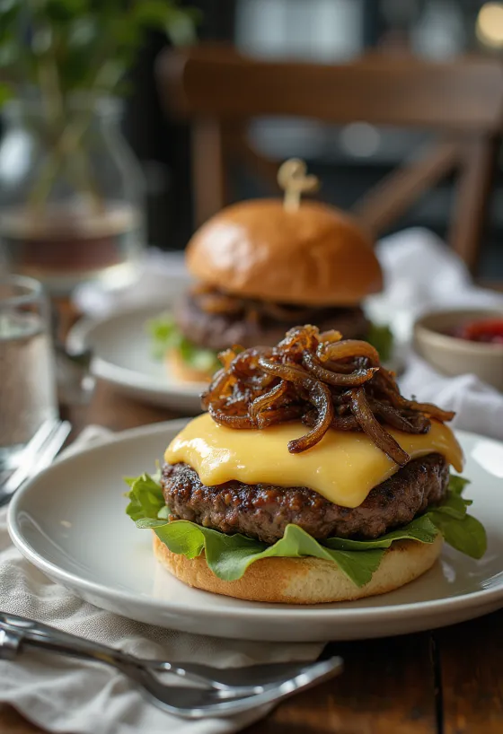 Francoski burger s sirom camembert in karamelizirano čebulo