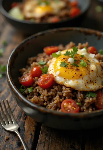 Nasi Goreng s paradižnikom, postrežen z bogatimi začimbami in svežim paradižnikom
